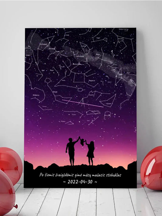 Personalizuotas viso spektro žvaigždžių žemėlapis ant drobės, su Šeimos pasirinktu siluetu  Drobe -  dovanokis.lt