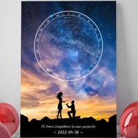 Personalizuotas žvaigždžių žemėlapis ant drobės, su santuokos pasiūlymo siluetu  Drobe -  dovanokis.lt