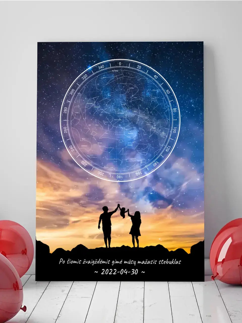 Personalizuotas žvaigždžių žemėlapis ant drobės, su šeimos pasirinktu siluetu  Drobe -  dovanokis.lt
