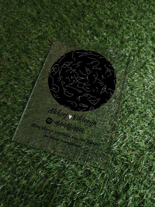 Personalizuotas žvaigždžių žemėlapis, stiklinis posteris, su spotify kodu TeeInBlue