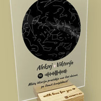 Personalizuotas žvaigždžių žemėlapis, stiklinis posteris, su spotify kodu TeeInBlue