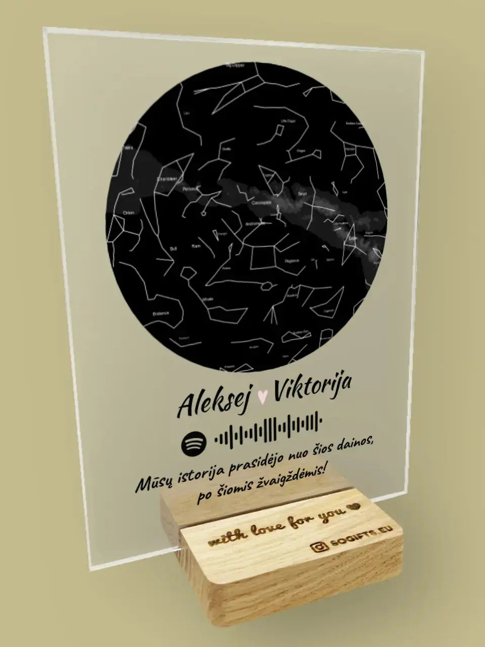 Personalizuotas žvaigždžių žemėlapis, stiklinis posteris, su spotify kodu TeeInBlue