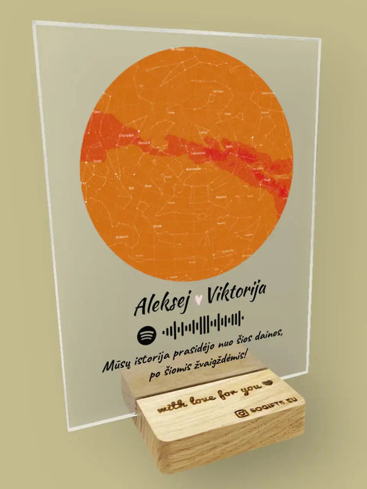 Personalizuotas žvaigždžių žemėlapis, stiklinis posteris, su spotify kodu TeeInBlue