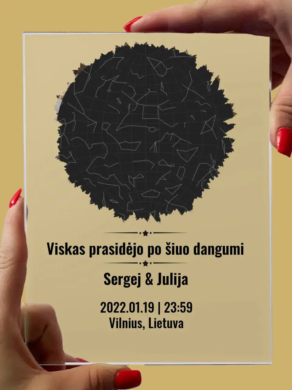 Personalizuotas žvaigždžiu žemėlapio stiklinis posteris su forma ir jūsų nuotrauka TeeInBlue