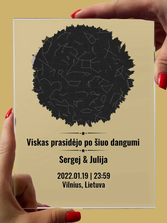 Personalizuotas žvaigždžiu žemėlapio stiklinis posteris su forma ir jūsų nuotrauka TeeInBlue