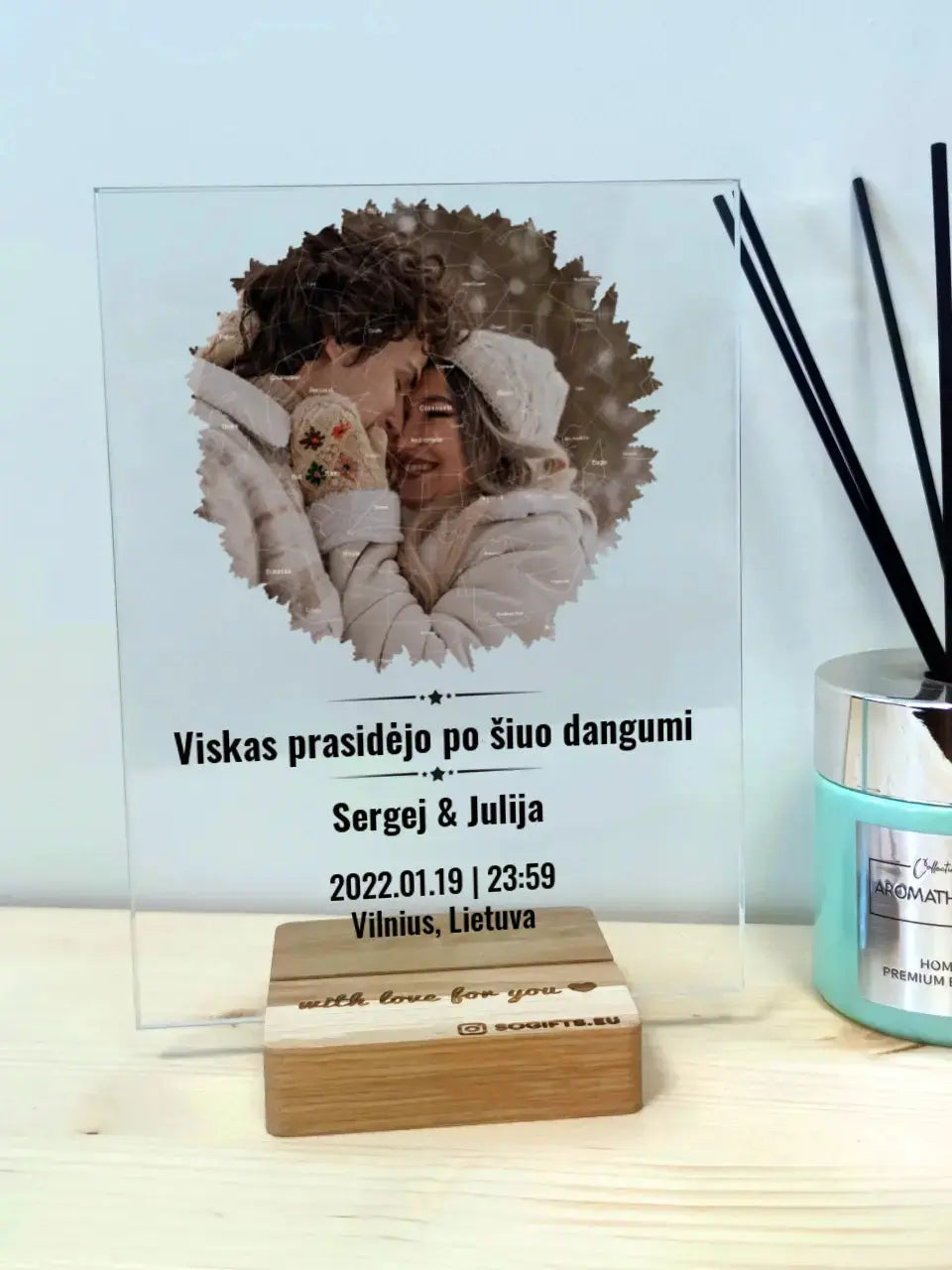 Personalizuotas žvaigždžiu žemėlapio stiklinis posteris su forma ir jūsų nuotrauka TeeInBlue