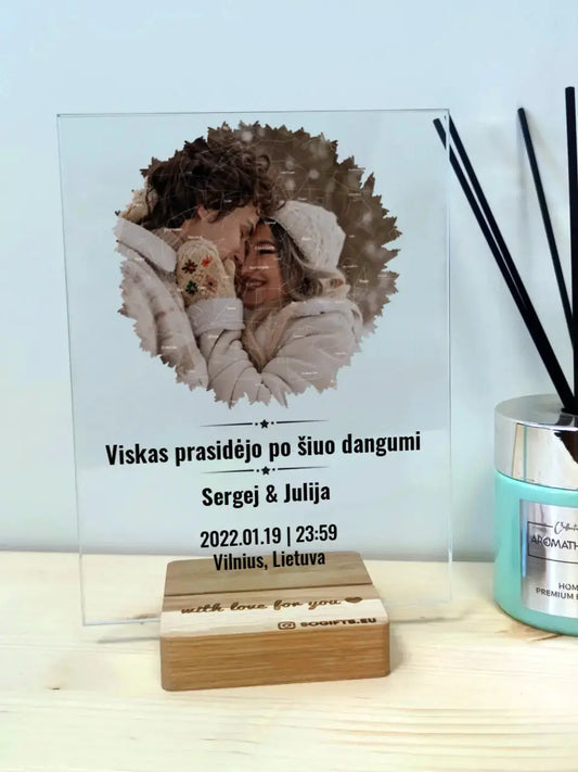 Personalizuotas žvaigždžiu žemėlapio stiklinis posteris su forma ir jūsų nuotrauka TeeInBlue