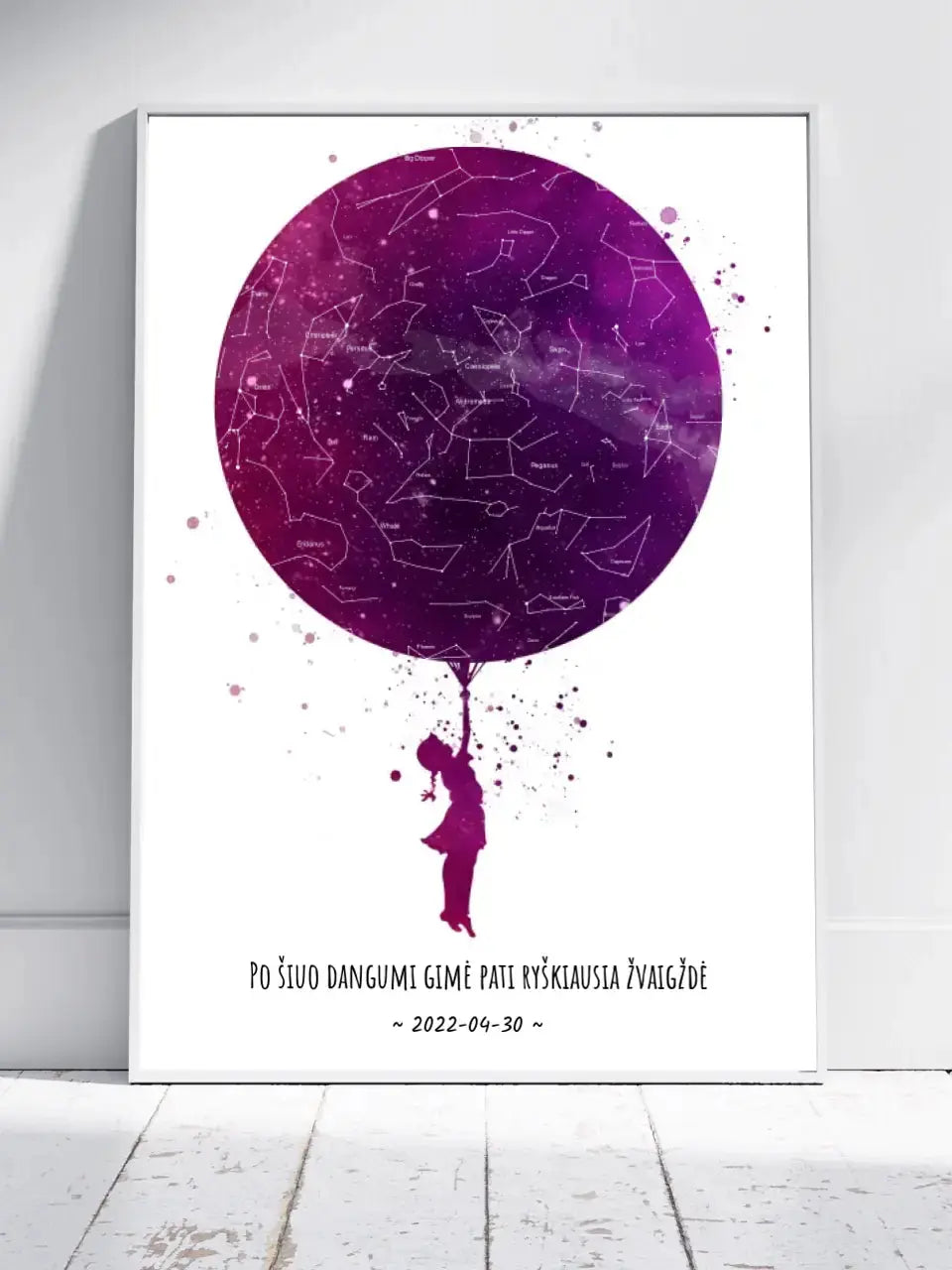 Personalizuotas vaikiškas žvaigždžių žemėlapis mergaitei, plakatas su rėmeliu  Poster -  dovanokis.lt