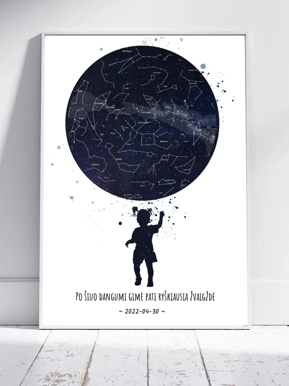 Personalizuotas vaikiškas žvaigždžių žemėlapis mergaitei, plakatas su rėmeliu