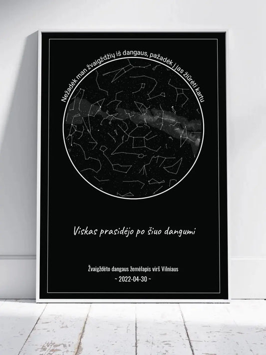 Personalizuotas žvaigždžių žemėlapis, plakatas su rėmeliu, Nežadėk man žvaigždžių iš dangaus, pažadėk į jas žiūrėti kartu  Poster -  dovanokis.lt