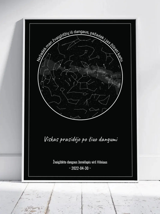 Personalizuotas žvaigždžių žemėlapis, plakatas su rėmeliu, Nežadėk man žvaigždžių iš dangaus, pažadėk į jas žiūrėti kartu  Poster -  dovanokis.lt