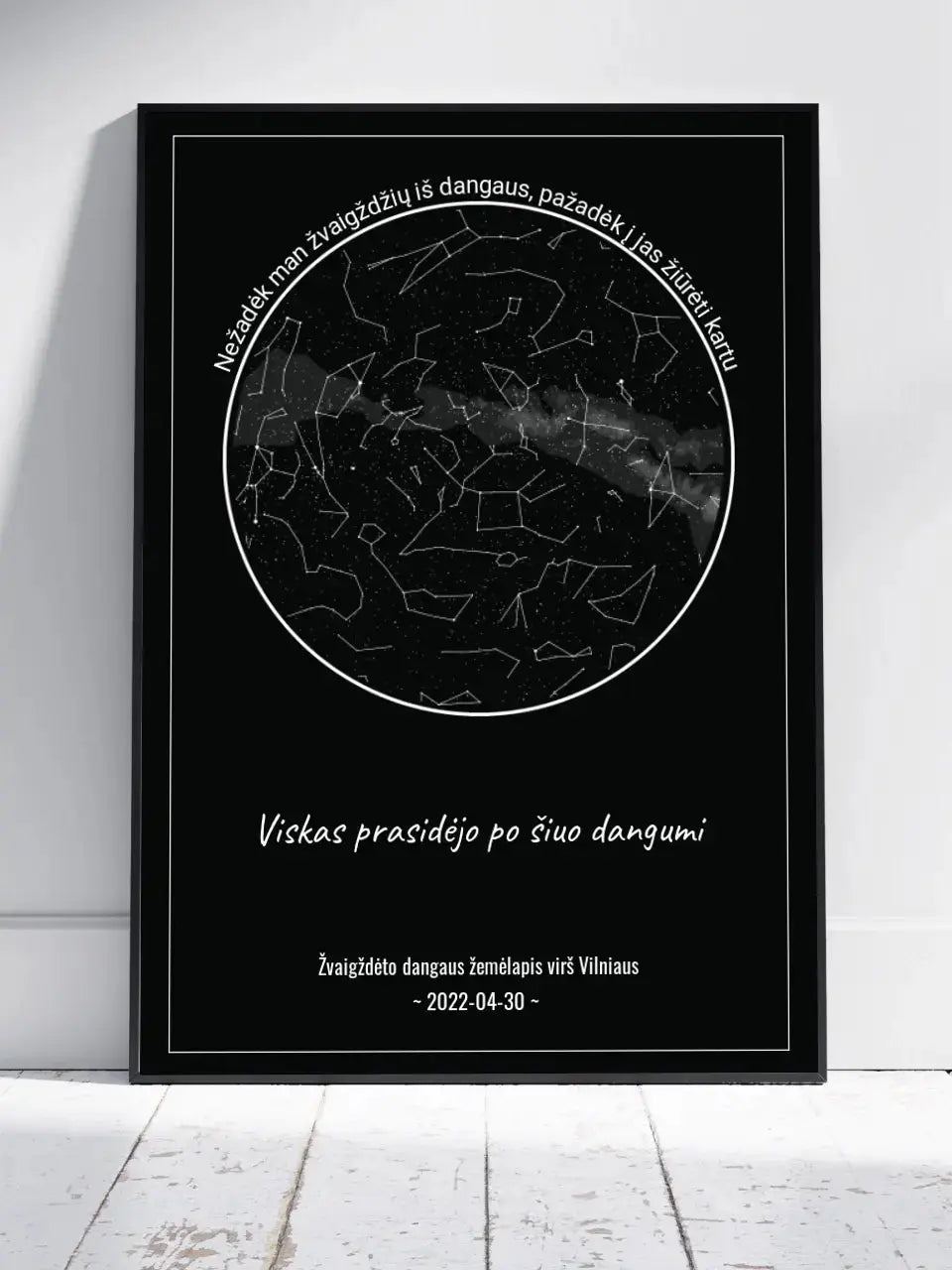 Personalizuotas žvaigždžių žemėlapis, plakatas su rėmeliu, Nežadėk man žvaigždžių iš dangaus, pažadėk į jas žiūrėti kartu  Poster -  dovanokis.lt