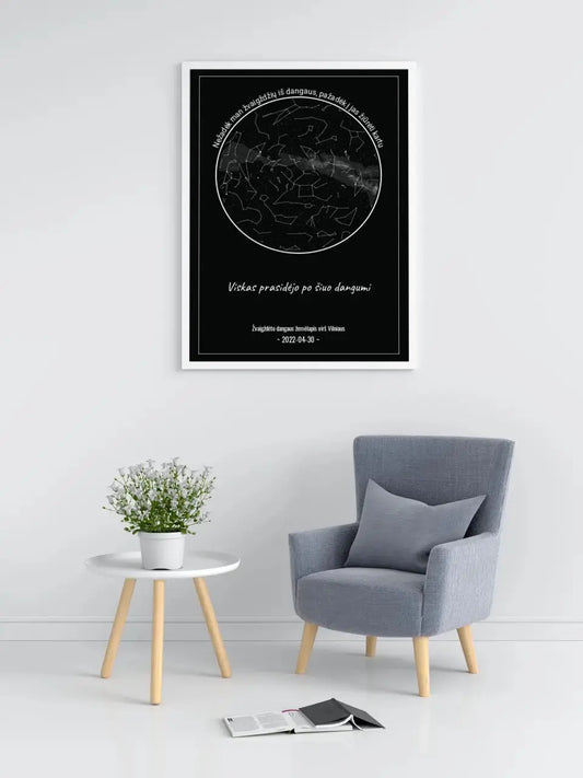 Personalizuotas žvaigždžių žemėlapis, plakatas su rėmeliu, Nežadėk man žvaigždžių iš dangaus, pažadėk į jas žiūrėti kartu  Poster -  dovanokis.lt