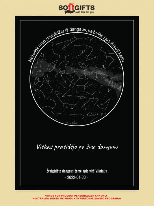 Personalizuotas žvaigždžių žemėlapis, plakatas su rėmeliu, Nežadėk man žvaigždžių iš dangaus, pažadėk į jas žiūrėti kartu  Poster -  dovanokis.lt
