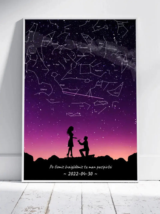 Personalizuotas viso spektro žvaigždžių žemėlapis, plakatas su rėmeliu, su santuokos silueto pasirinkimu  Poster -  dovanokis.lt