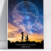 Personalizuotas žvaigždžių žemėlapis, plakatas su rėmeliu, su santuokos pasiūlymo siluetu  Poster -  dovanokis.lt