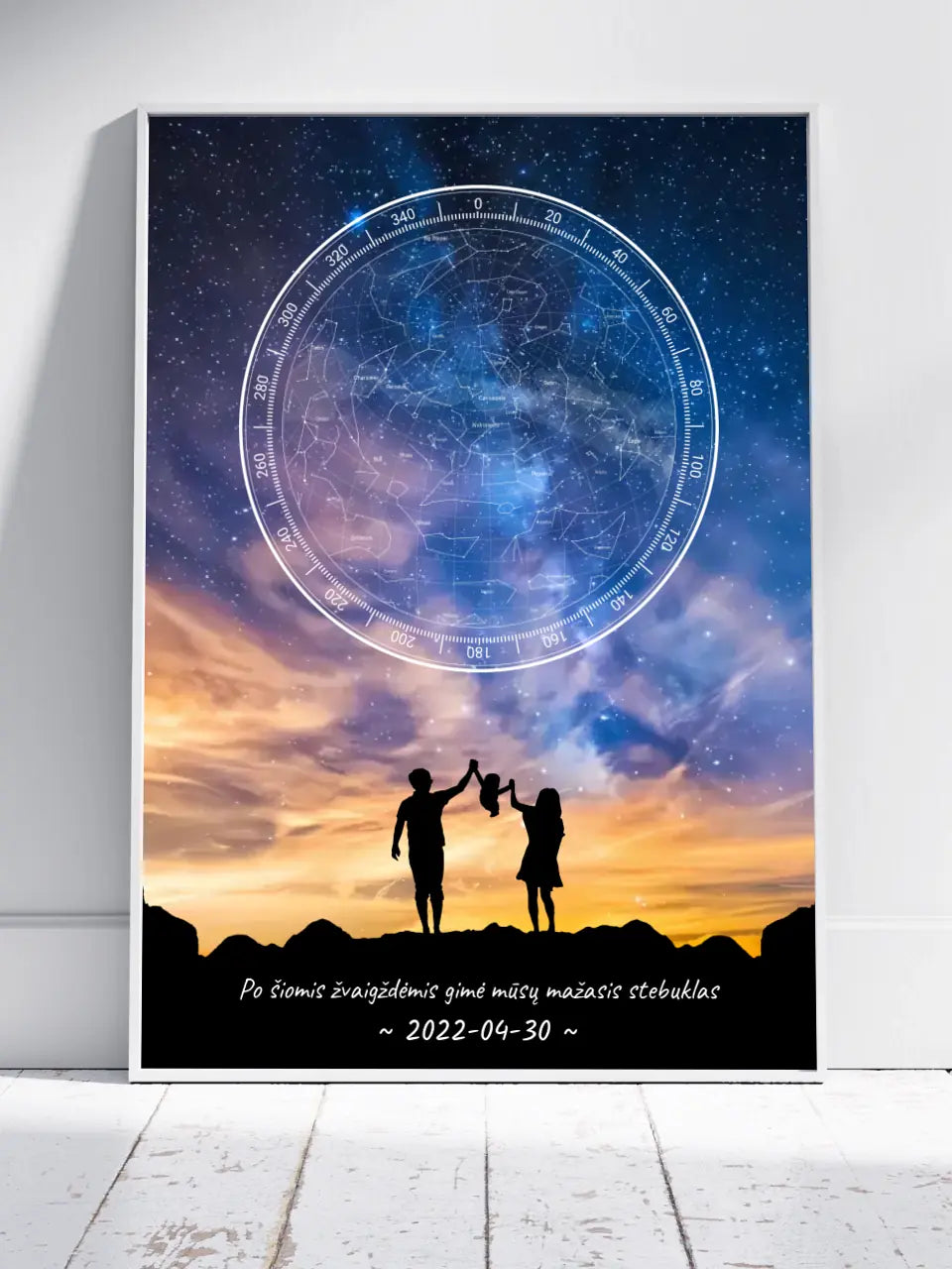 Personalizuotas Star Map, plakatas su rėmeliu, su šeimos pasirinktu siluetu