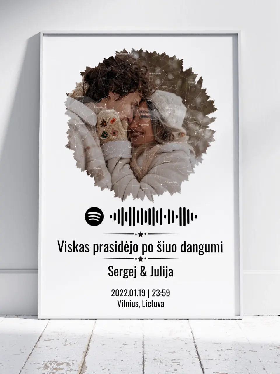 Personalizuotas žvaigždžių žemėlapis, plakatas su rėmeliu, su formos pasirinkimu, jūsų nuotrauka ir „Spotify“ kodu