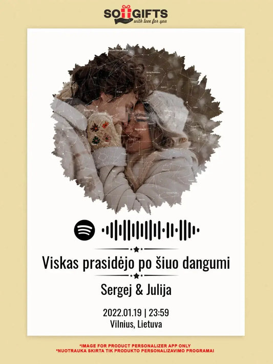 Personalizuotas žvaigždžių žemėlapis, plakatas su rėmeliu, su formos pasirinkimu, jūsų nuotrauka ir „Spotify“ kodu  Poster -  dovanokis.lt