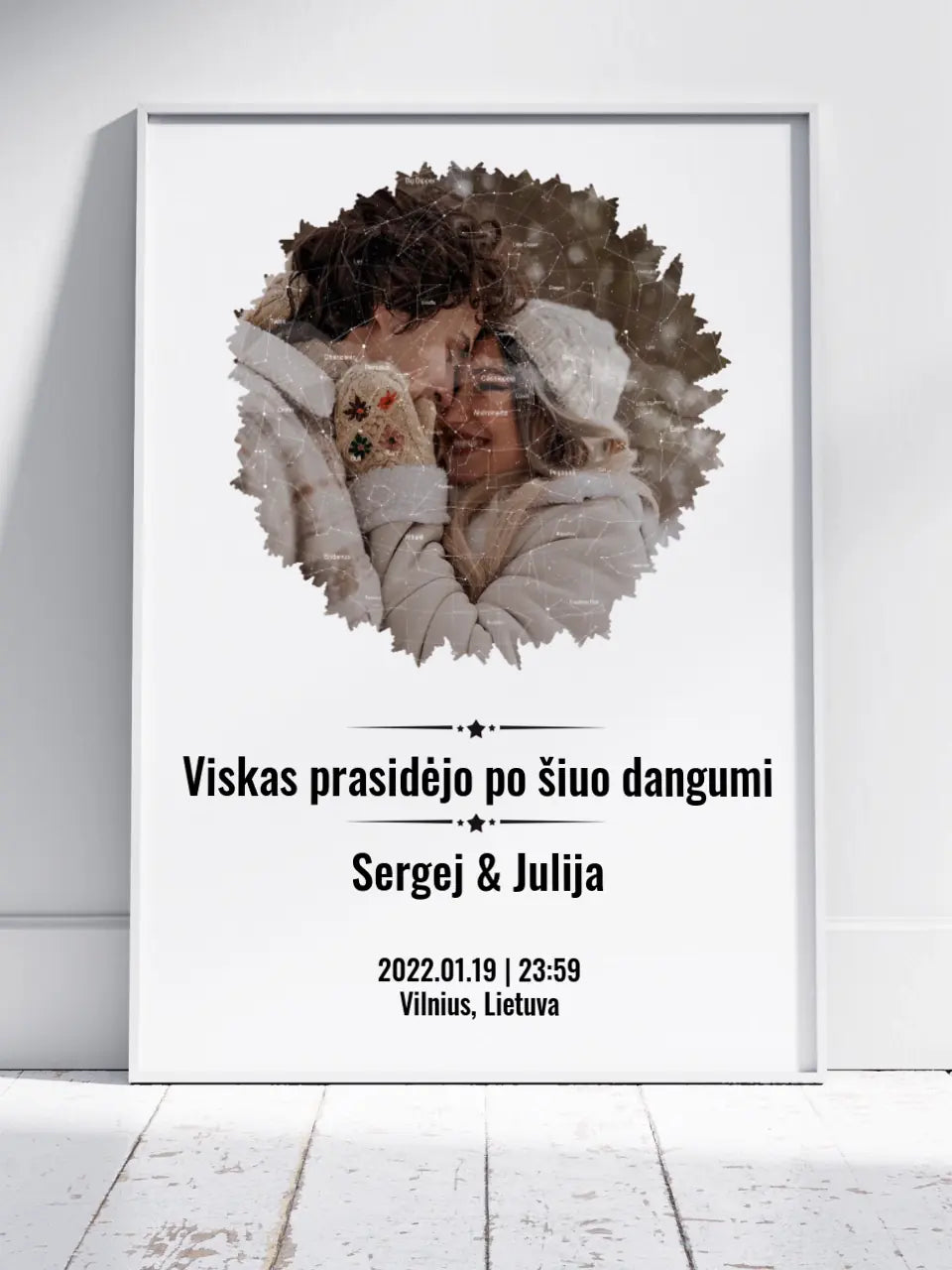 Personalizuotas žvaigždžių žemėlapis, plakatas su rėmeliu, su forma pasirinkimu ir jūsų nuotrauka