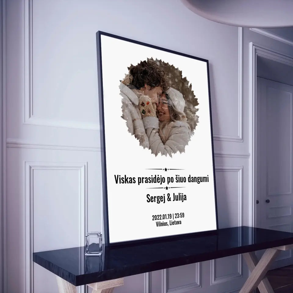 Personalizuotas žvaigždžių žemėlapis, plakatas su rėmeliu, su forma pasirinkimu ir jūsų nuotrauka