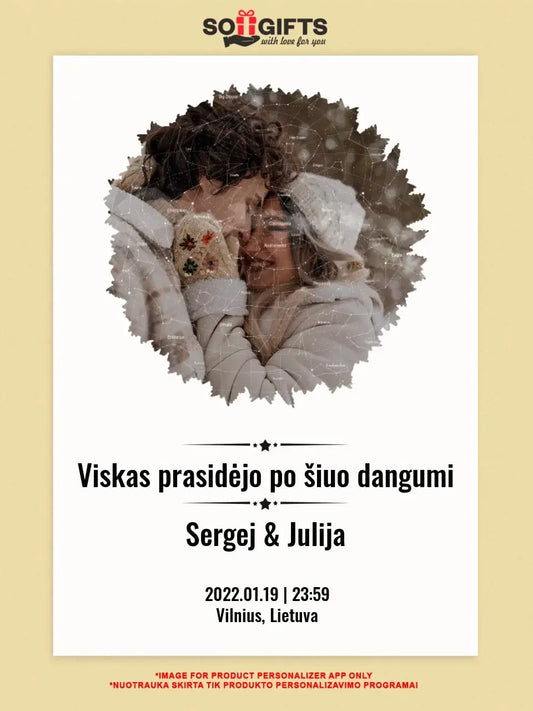 Personalizuotas žvaigždžių žemėlapis, plakatas su rėmeliu, su forma pasirinkimu ir jūsų nuotrauka  Poster -  dovanokis.lt
