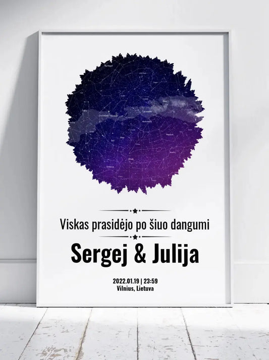 Personalizuotas žvaigždžių žemėlapis, plakatas su rėmeliu, su formos pasirinkimu ir dangaus fonu  Poster -  dovanokis.lt