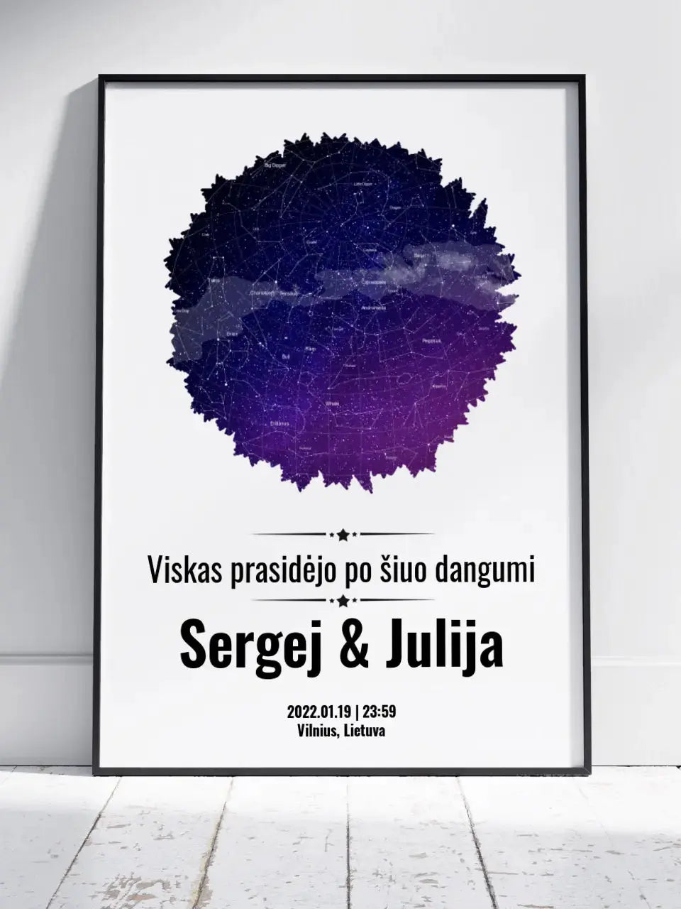 Personalizuotas žvaigždžių žemėlapis, plakatas su rėmeliu, su formos pasirinkimu ir dangaus fonu  Poster -  dovanokis.lt