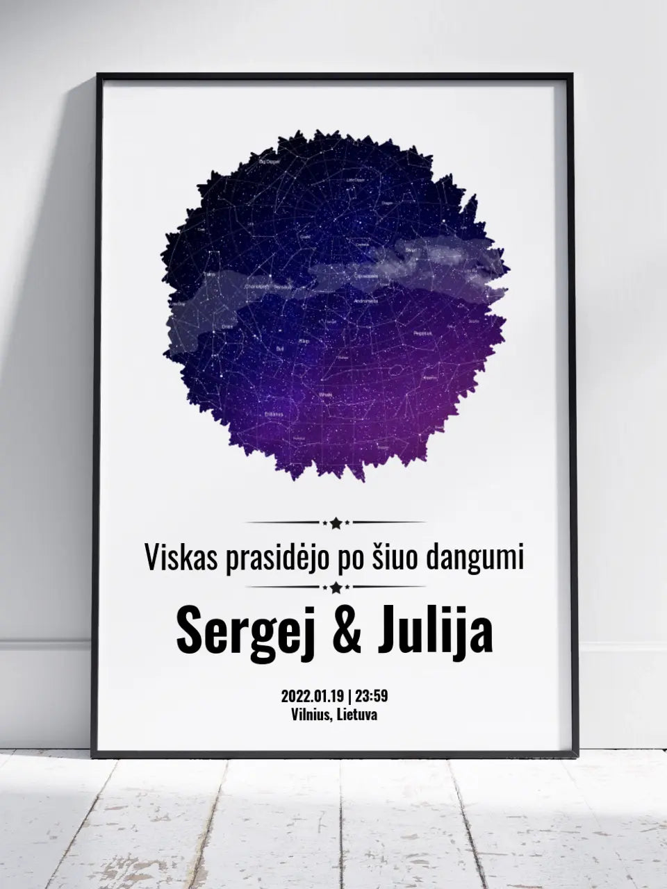 Personalizuotas žvaigždžių žemėlapis, plakatas su rėmeliu, su formos pasirinkimu ir dangaus fonu