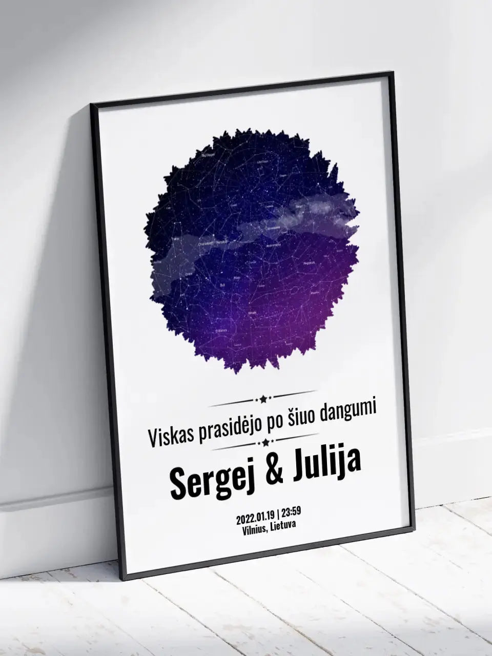 Personalizuotas žvaigždžių žemėlapis, plakatas su rėmeliu, su formos pasirinkimu ir dangaus fonu  Poster -  dovanokis.lt