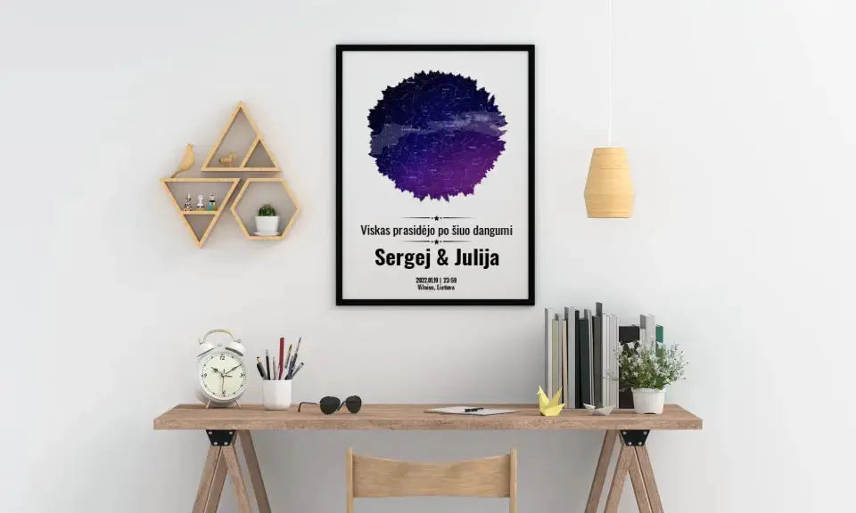 Personalizuotas žvaigždžių žemėlapis, plakatas su rėmeliu, su formos pasirinkimu ir dangaus fonu  Poster -  dovanokis.lt