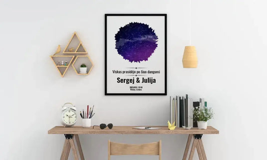 Personalizuotas žvaigždžių žemėlapis, plakatas su rėmeliu, su formos pasirinkimu ir dangaus fonu  Poster -  dovanokis.lt