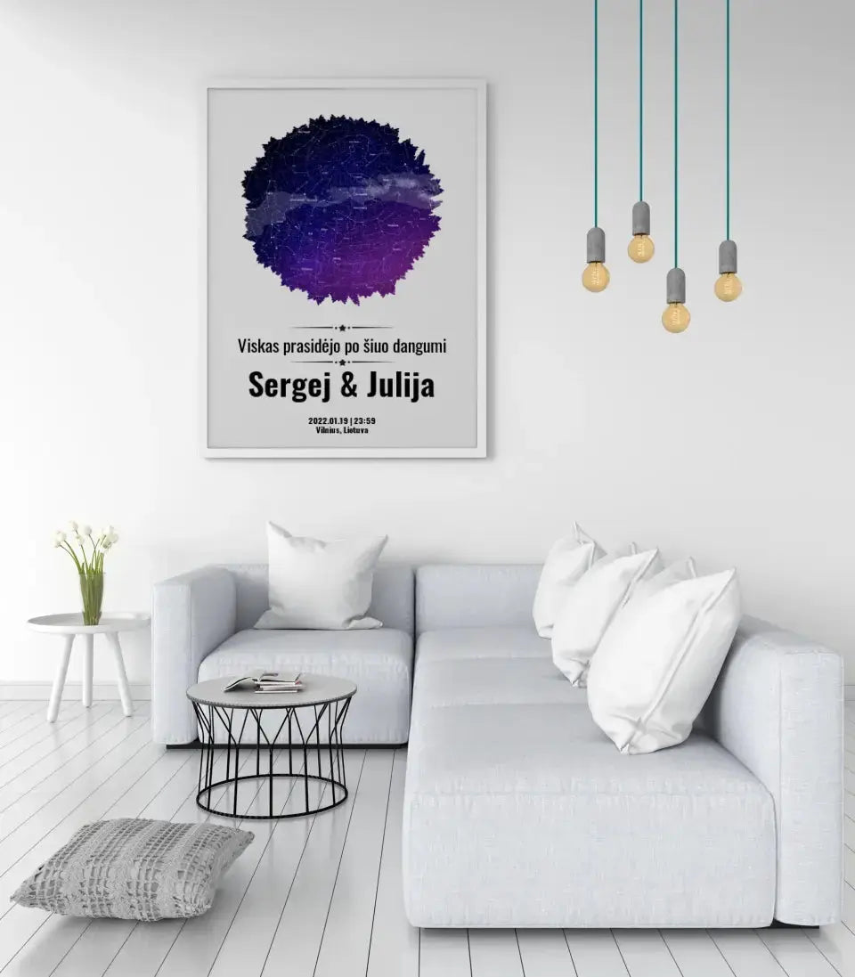 Personalizuotas žvaigždžių žemėlapis, plakatas su rėmeliu, su formos pasirinkimu ir dangaus fonu  Poster -  dovanokis.lt