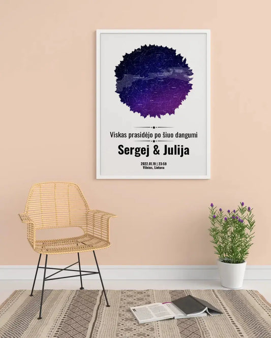 Personalizuotas žvaigždžių žemėlapis, plakatas su rėmeliu, su formos pasirinkimu ir dangaus fonu  Poster -  dovanokis.lt