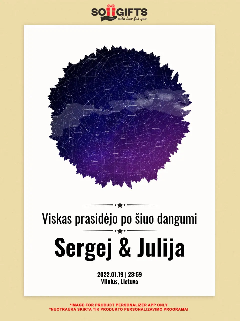 Personalizuotas žvaigždžių žemėlapis, plakatas su rėmeliu, su formos pasirinkimu ir dangaus fonu