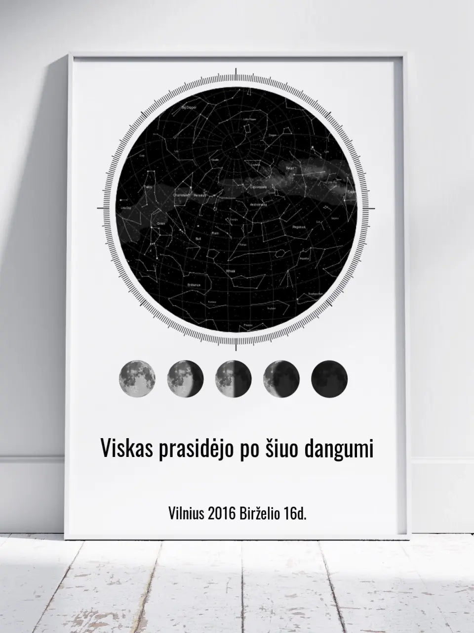 Personalizuotas žvaigždžių žemėlapis, plakatas su rėmeliu, su mėnulio fazėmis ir kompasu