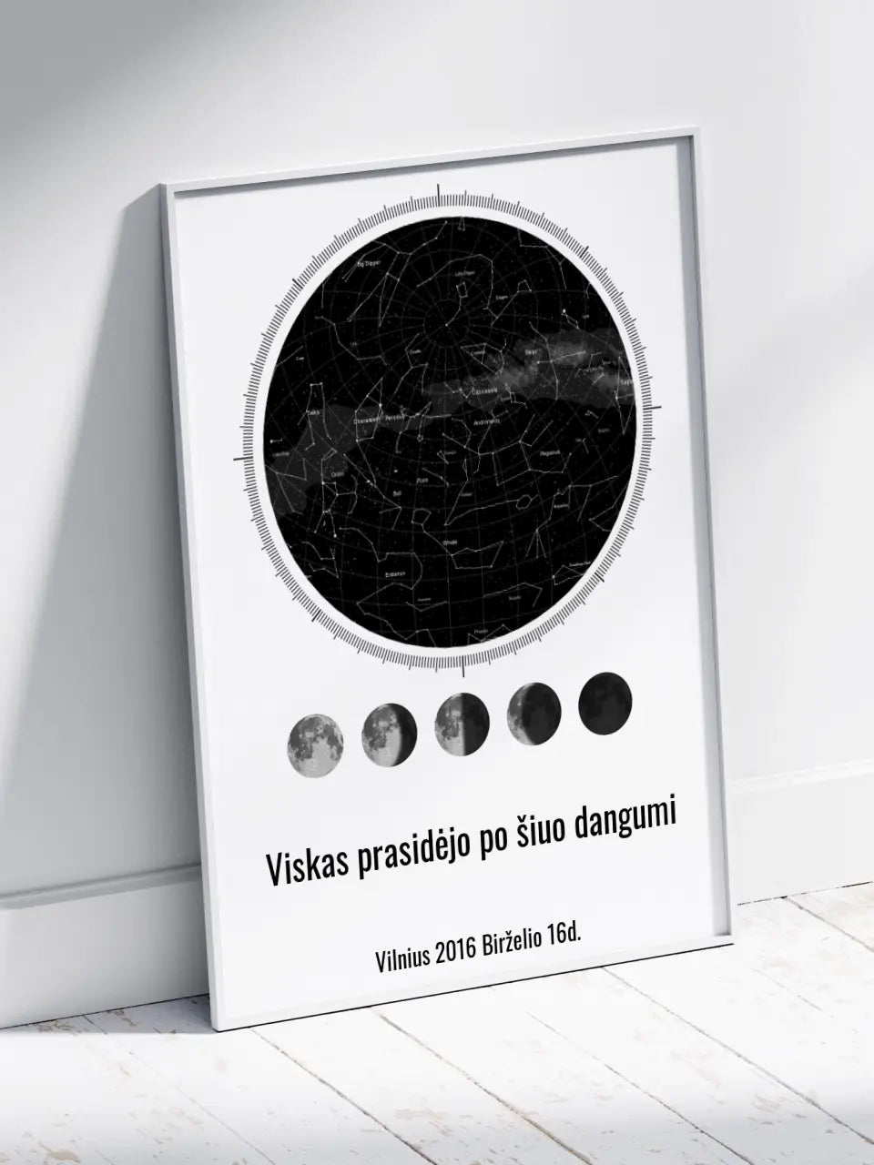 Personalizuotas žvaigždžių žemėlapis, plakatas su rėmeliu, su mėnulio fazėmis ir kompasu