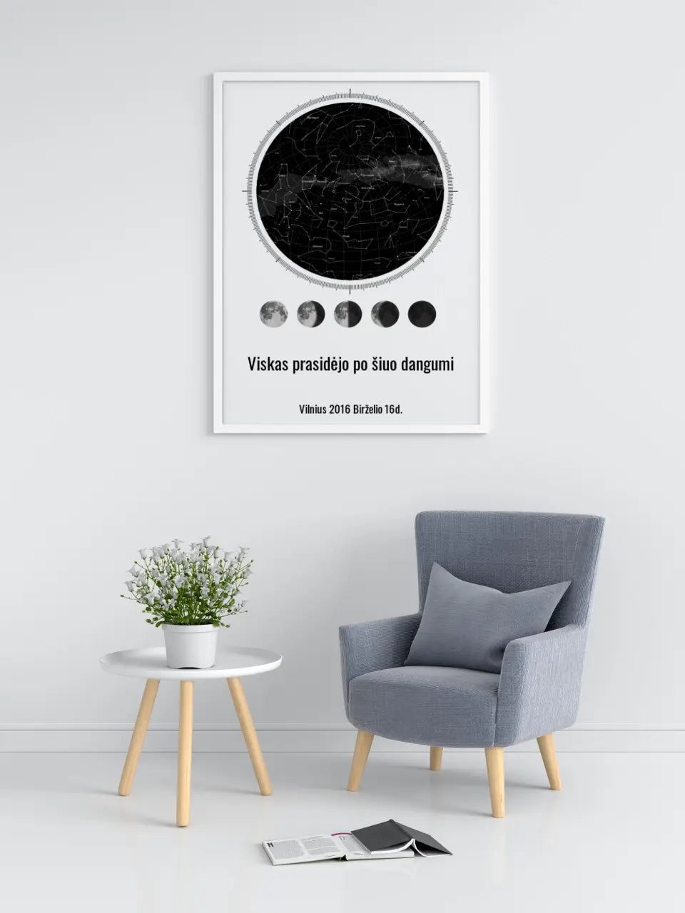 Personalizuotas žvaigždžių žemėlapis, plakatas su rėmeliu, su mėnulio fazėmis ir kompasu