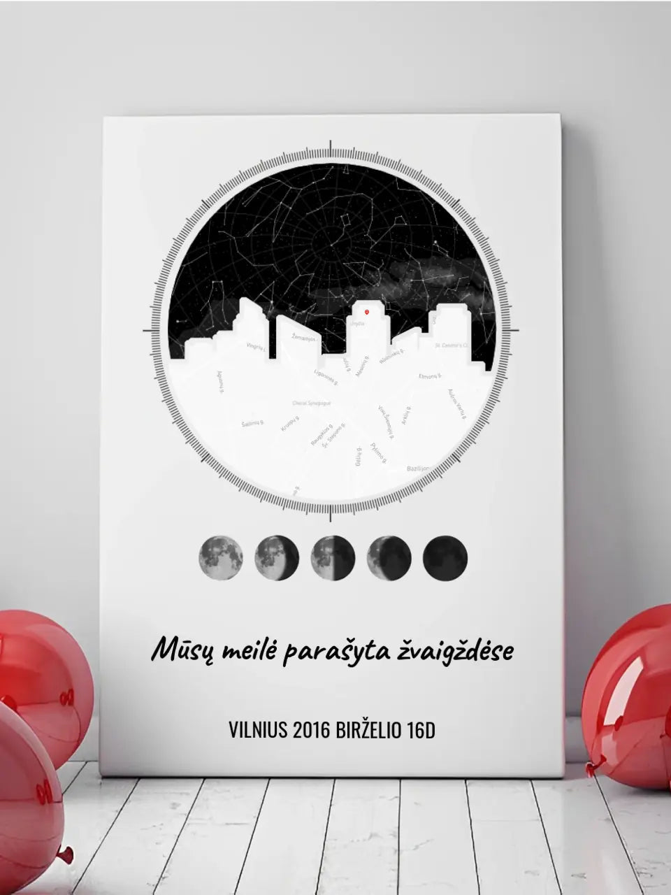Personalizuotas žvaigždžių žemėlapis ant drobės su jūsų vieta ir žemėlapiu  Drobe -  dovanokis.lt