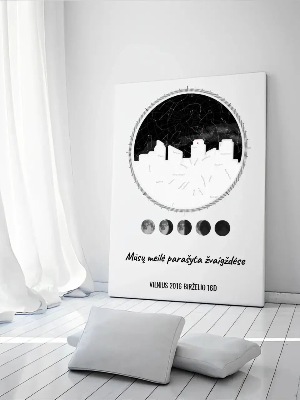 Personalizuotas žvaigždžių žemėlapis ant drobės su jūsų vieta ir žemėlapiu  Drobe -  dovanokis.lt