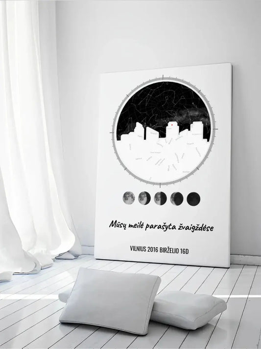 Personalizuotas žvaigždžių žemėlapis ant drobės su jūsų vieta ir žemėlapiu  Drobe -  dovanokis.lt