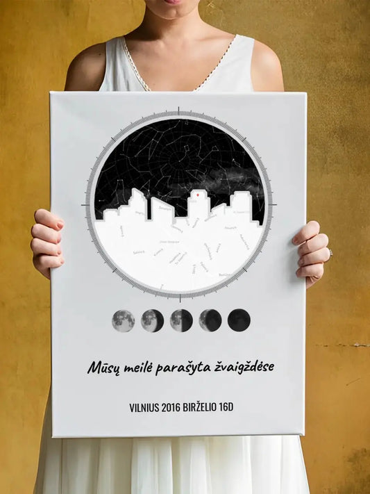 Personalizuotas žvaigždžių žemėlapis ant drobės su jūsų vieta ir žemėlapiu  Drobe -  dovanokis.lt