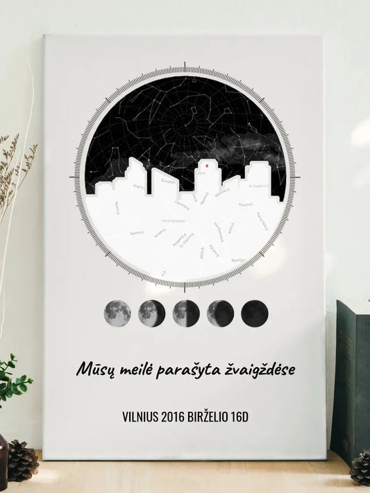 Personalizuotas žvaigždžių žemėlapis ant drobės su jūsų vieta ir žemėlapiu  Drobe -  dovanokis.lt