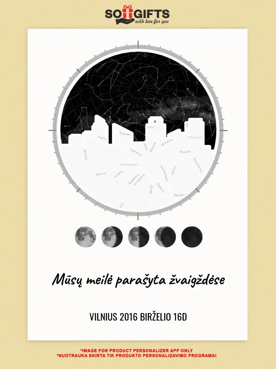 Personalizuotas žvaigždžių žemėlapis ant drobės su jūsų vieta ir žemėlapiu  Drobe -  dovanokis.lt