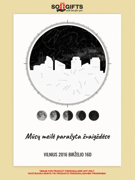 Personalizuotas žvaigždžių žemėlapis ant drobės su jūsų vieta ir žemėlapiu  Drobe -  dovanokis.lt