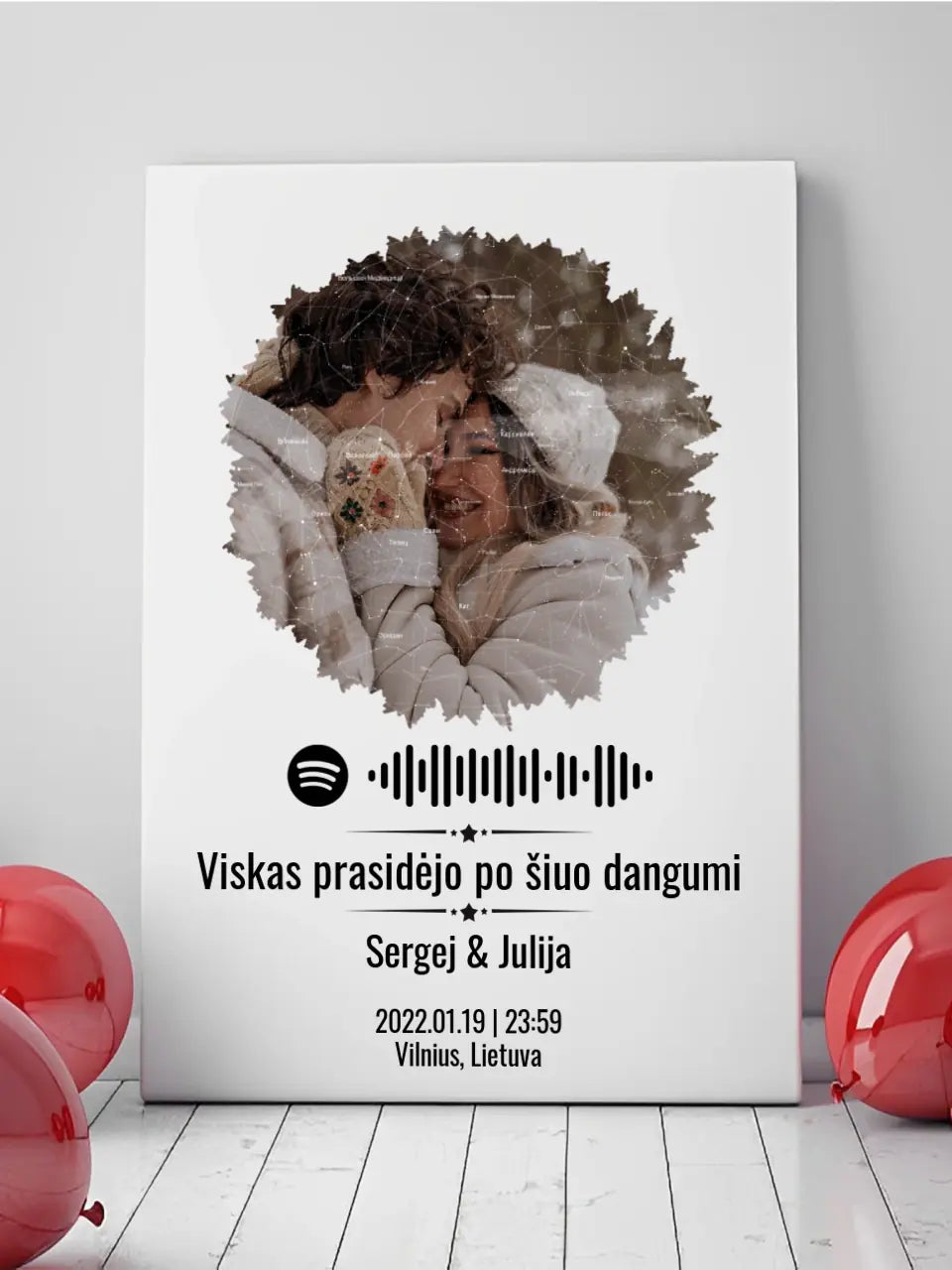 Personalizuotas žvaigždžių žemėlapis su skirtingomis formomis ir jūsų nuotrauka bei „Spotify“ kodu  Drobe -  dovanokis.lt