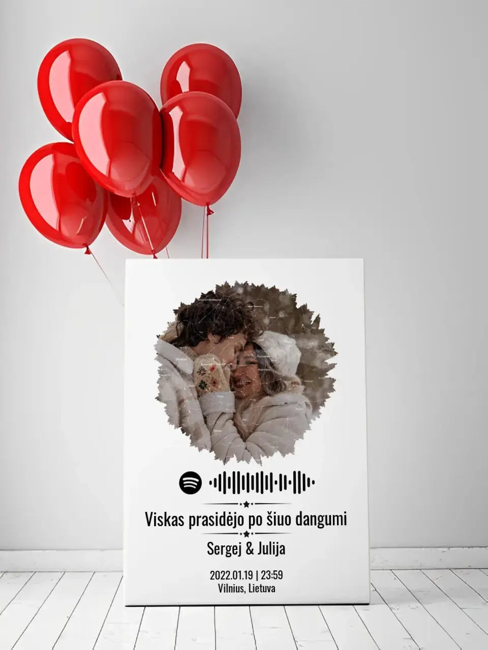 Personalizuotas žvaigždžių žemėlapis su skirtingomis formomis ir jūsų nuotrauka bei „Spotify“ kodu  Customizer -  dovanokis.lt