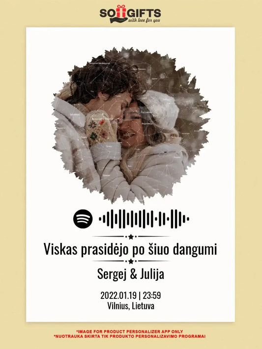 Personalizuotas žvaigždžių žemėlapis su skirtingomis formomis ir jūsų nuotrauka bei „Spotify“ kodu  Customizer -  dovanokis.lt