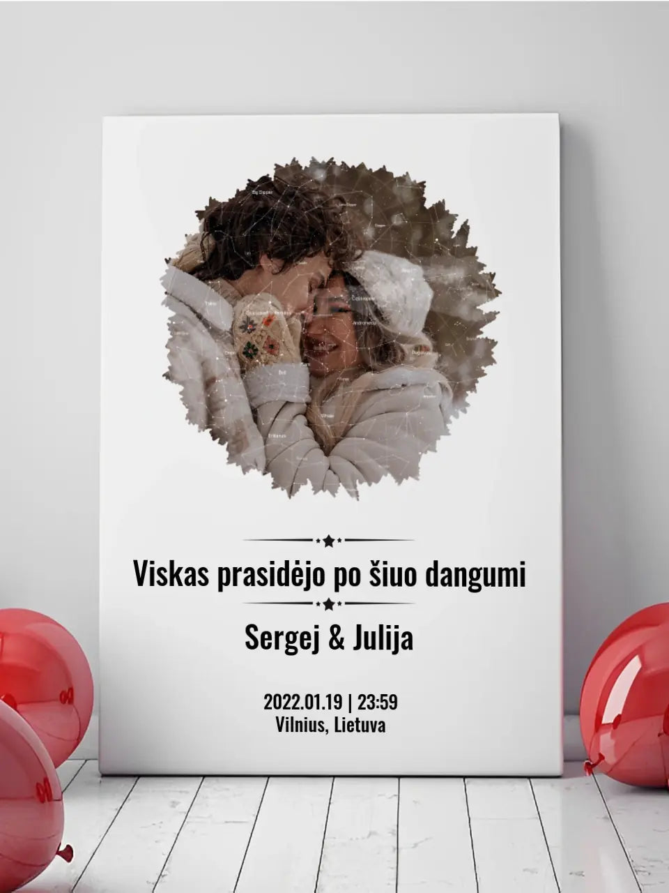 Personalizuotas žvaigždžių žemėlapis su skirtingomis formomis ir jūsų nuotrauka  Drobe -  dovanokis.lt