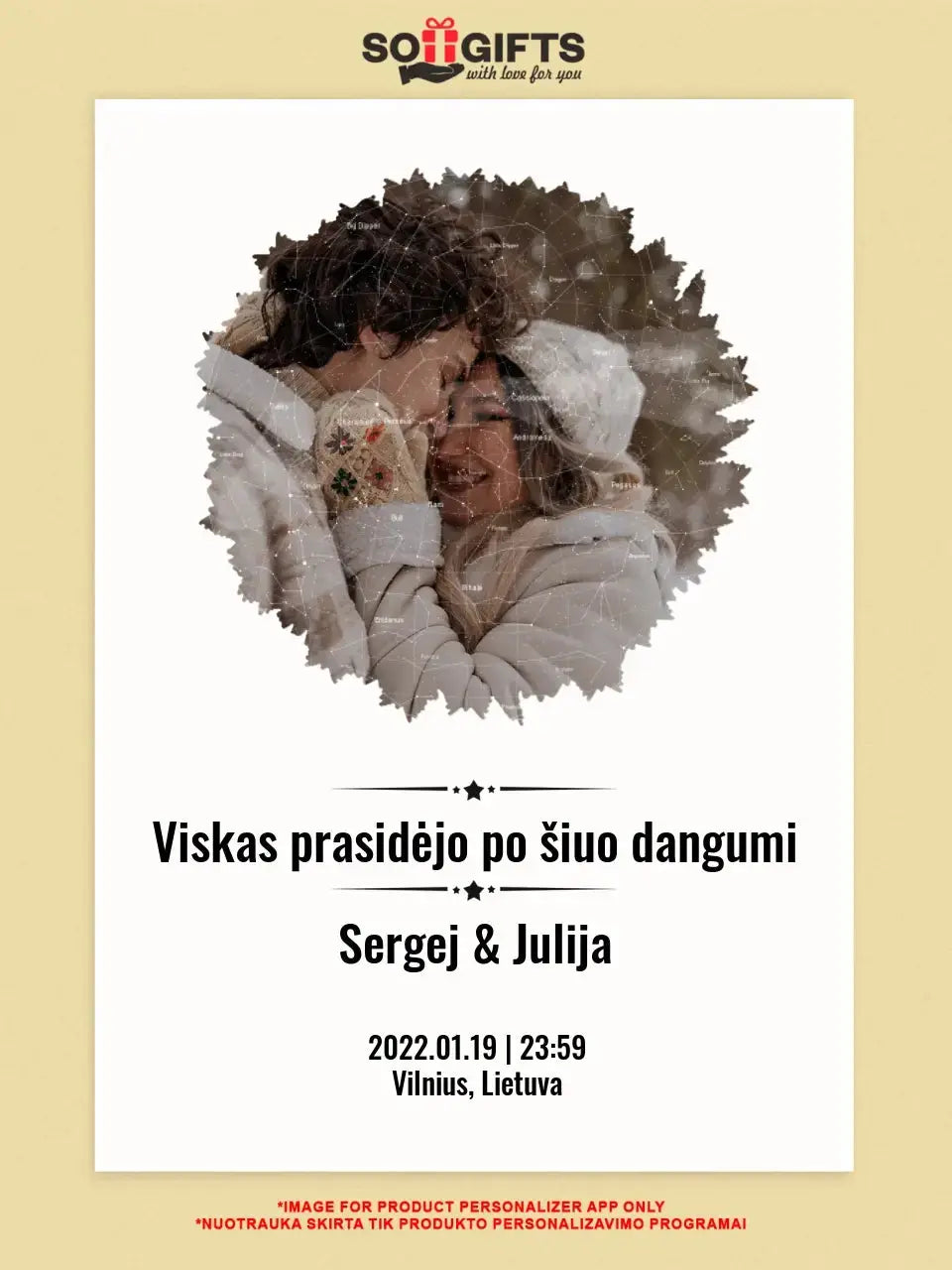 Personalizuotas žvaigždžių žemėlapis su skirtingomis formomis ir jūsų nuotrauka  Customizer -  dovanokis.lt